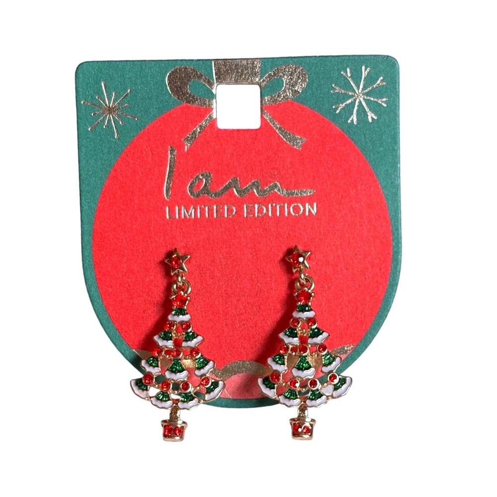I Am Limited Edition Christmas Tree Drop Earrings Gold Tone Rhinestone Enamel